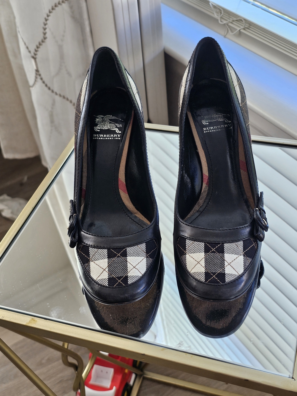 Burberry Black & White Check Leather Pumps